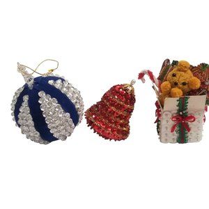 Vintage Christmas Ornaments Sequined Teddy Bear Gift Box Ball Bell Holiday Decor